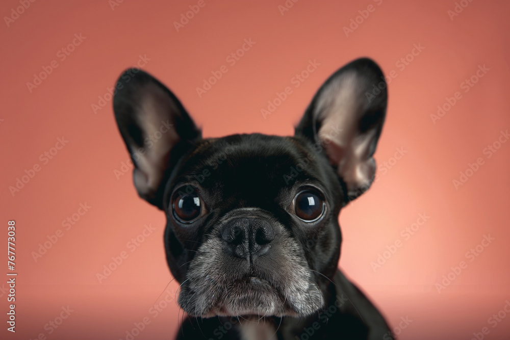 A black dog with big ears and a black nose is staring at the camera, Black French Bulldog