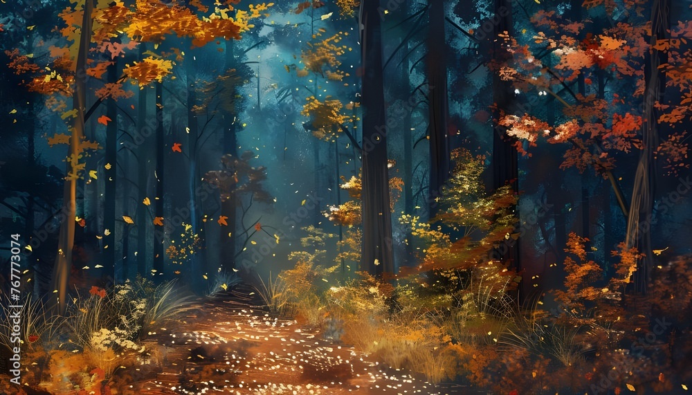 Night scene of autumn forest, landscape painting
