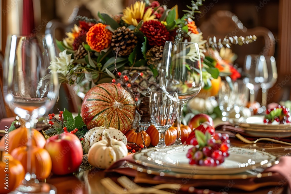 A Thanksgiving dinner table set with pumpkins, gourds, and festive decorations ready for a holiday celebration