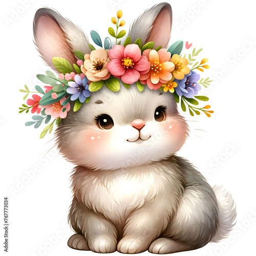 Cute Floral Watercolor Easter Bunny Clipart with transparent background