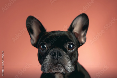 A black dog with big ears and a black nose is staring at the camera, Black French Bulldog © titipongpwl