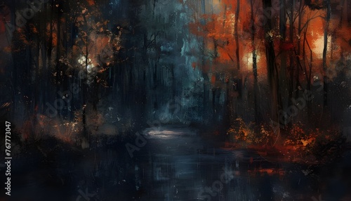 Night scene of autumn forest, landscape painting