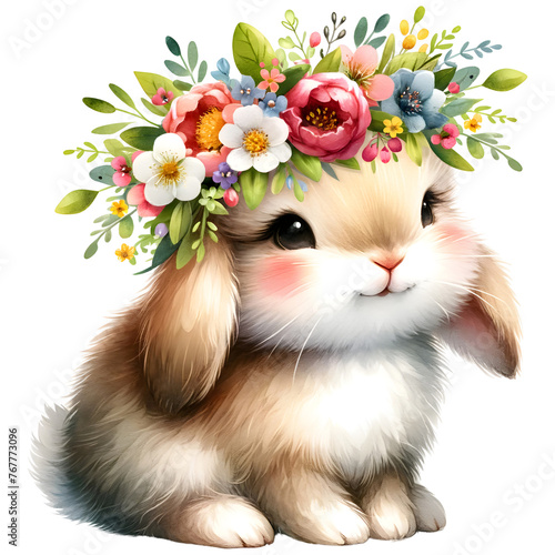 Cute Floral Watercolor Easter Bunny Clipart with transparent background