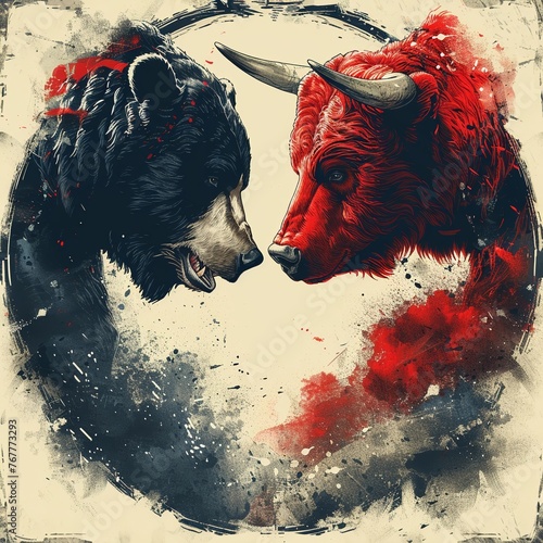Stylized graphic art of a bear and bull locked in a dynamic struggle, reflecting the balance of market forces no contrast