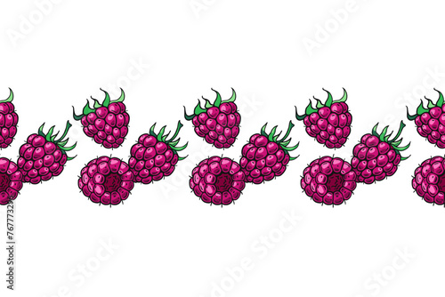 Pink Raspberries. Seamless banner. Design of candies and sweet dessert . Vector illustration.