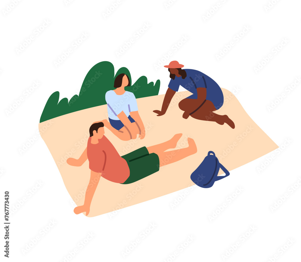 People have picnic on sand beach. Happy friends relax on blanket outdoor. Family pass summer time at nature. Characters sit, lying, rest on lawn. Flat isolated vector illustration on white background