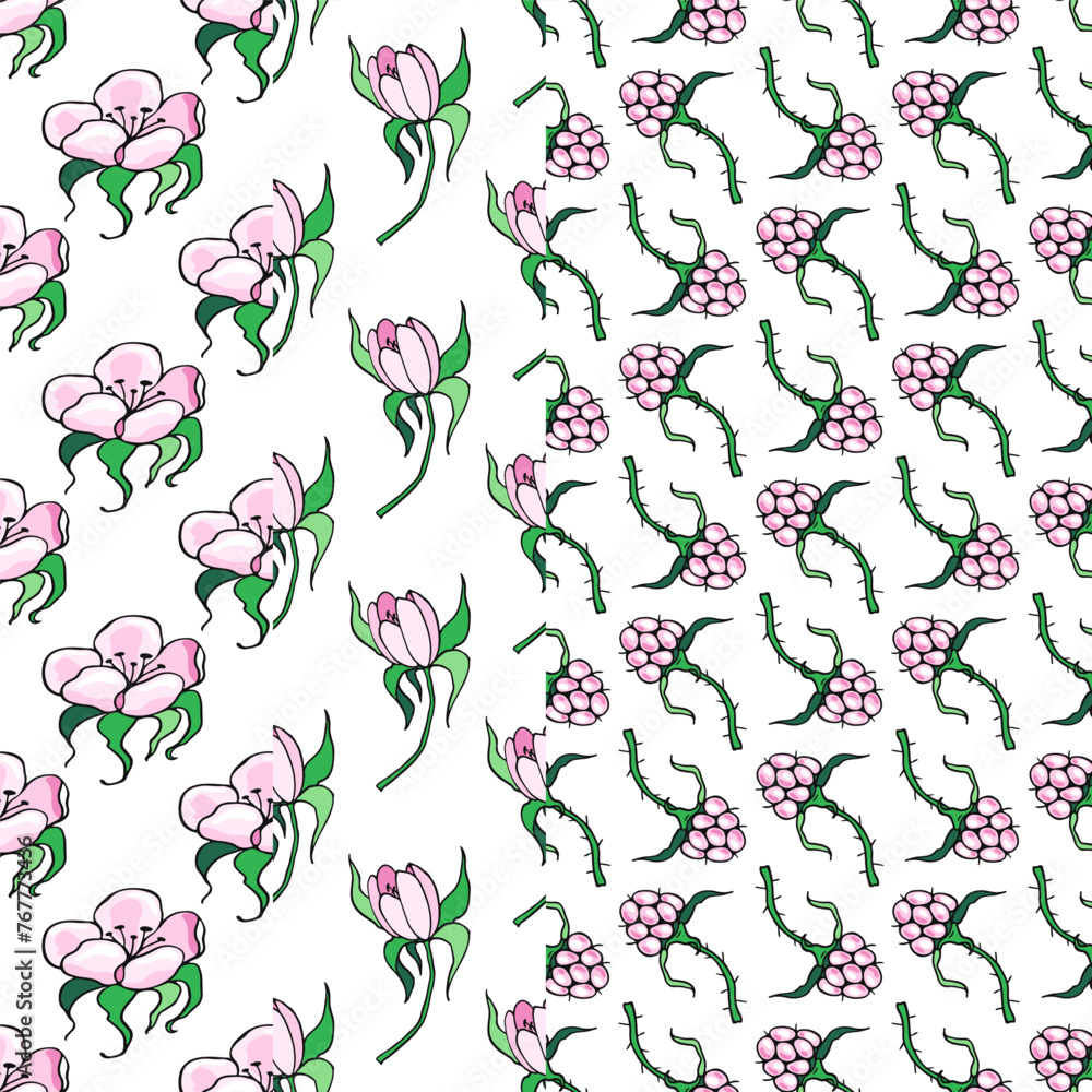 Ripe Pink Raspberries and Pink Flowers. Set of seamless pattern. Vector illustration