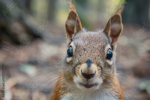 A close-up of a squirrel curiously looking directly at the camera