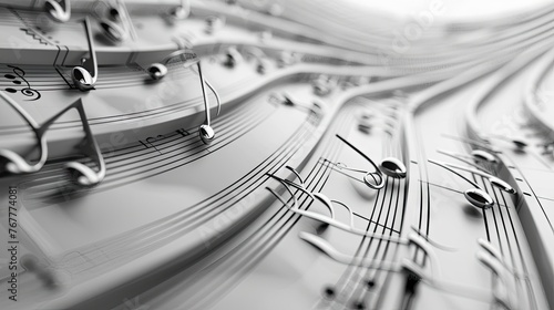 black and white image of a musical staff with notes flowing and curving in 3d 