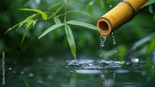 Tranquil Bamboo Water Fountain Gently Trickling Into a Serene Rainy Pond