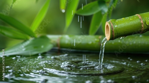 Tranquil Bamboo Water Fountain Gently Trickling Into a Serene Rainy Pond