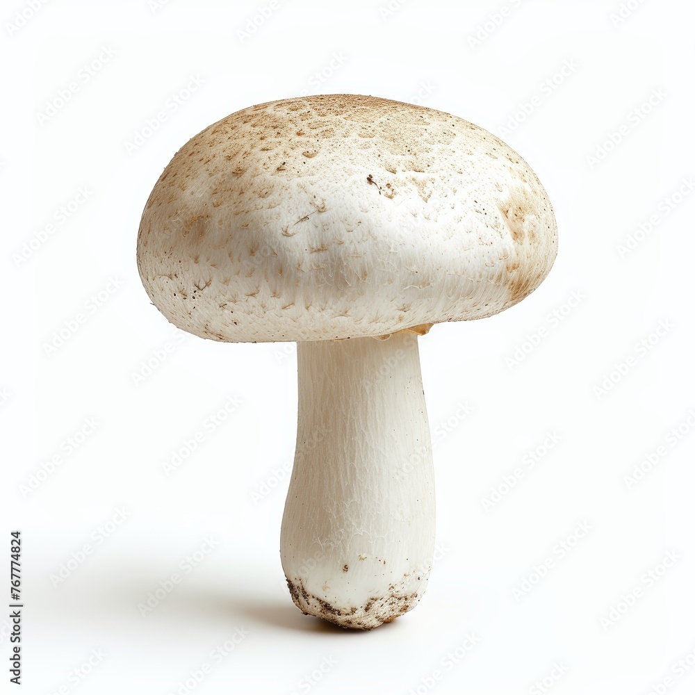 A pristine white mushroom isolated on a white background, highlighting its detailed cap and sturdy stem. A pristine white mushroom isolated on a white background, highlighting its detailed cap and sturdy stem.