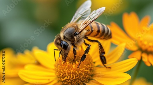 Honeybee Pollinating a Vibrant Flower in a Lush Garden During Springtime