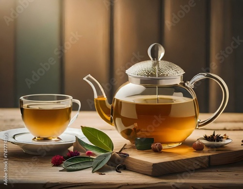 Teapot and glass cups with tea against wooden background