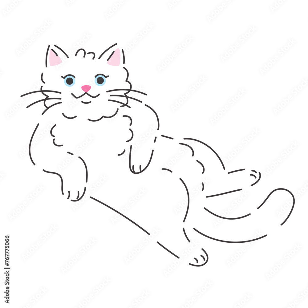 Cute comic white fluffy cat. Hand drawn vector illustration. Funny pet character card template. Isolated on white. Cute comic white fluffy cat. Hand drawn vector illustration. Funny pet character card template. Isolated on white.
