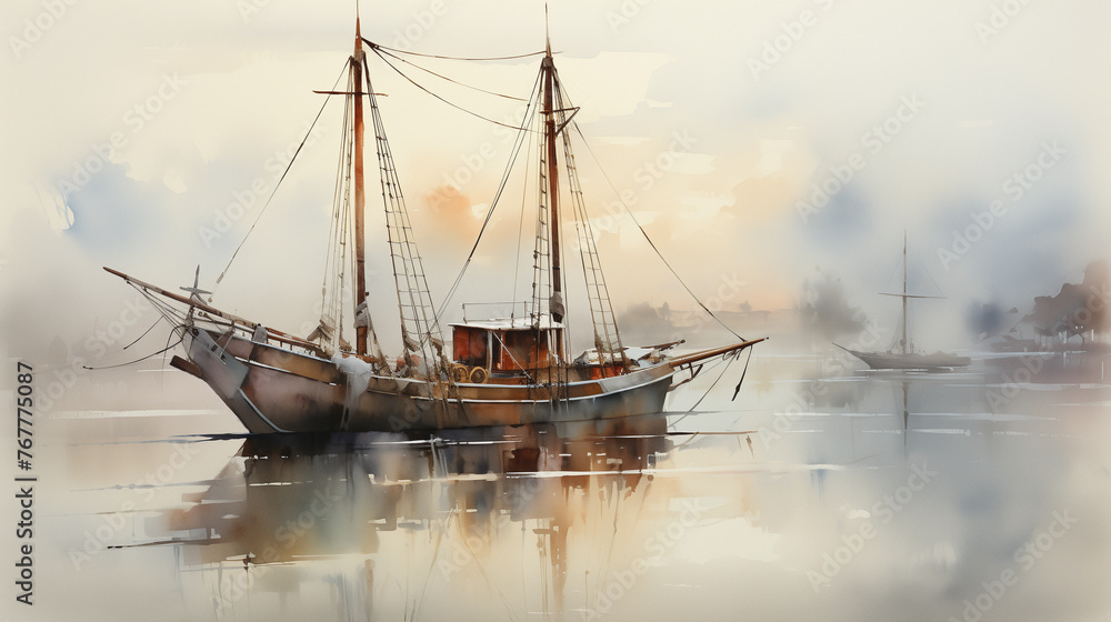 Fototapeta premium Discover the tranquility of misty waters with a lone fishing boat depicted in a mesmerizing watercolor illustration, set against the backdrop of majestic, snow-capped mountains at dusk.