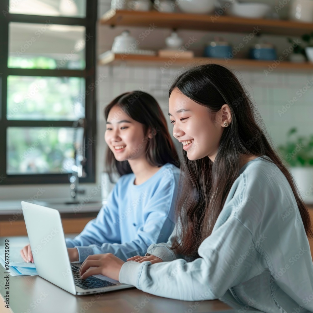 Two young women are smiling and using a laptop in a bright kitchen Two young women are smiling and using a laptop in a bright kitchen