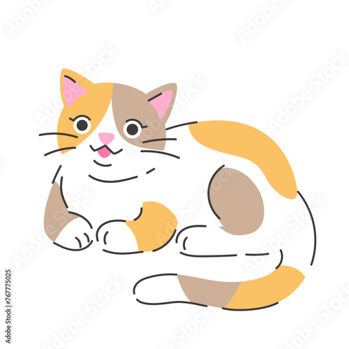 Cute comic calico cat. Hand drawn vector illustration. Funny pet character card template. Isolated on white. © Radiocat