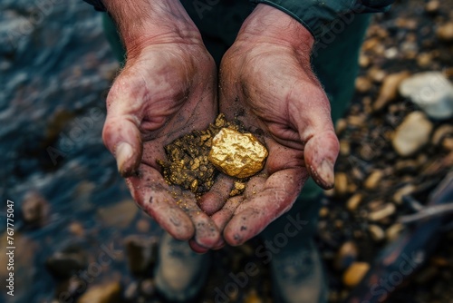 Person Holding a Shiny Gold Nugget While Panning in a Rocky Stream