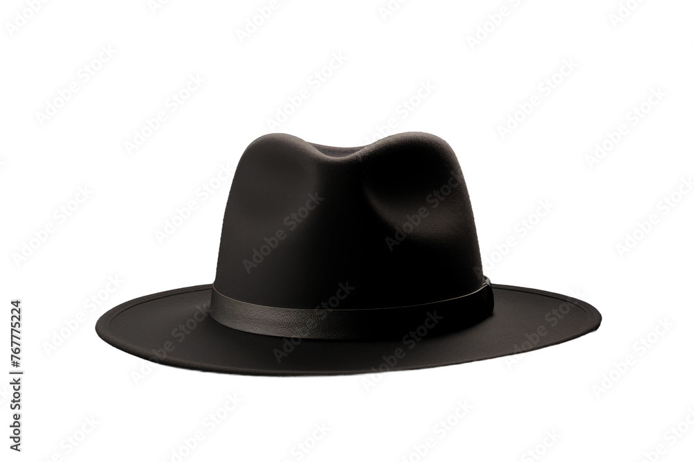 Midnight Elegance: A Black Hat on a White Canvas. On a White or Clear Surface PNG Transparent Background. Midnight Elegance: A Black Hat on a White Canvas. On a White or Clear Surface PNG Transparent Background.