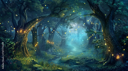 A magical forest glade shimmers with bioluminescent plants and fireflies  creating a serene and otherworldly nighttime sanctuary. Mystical Forest Glade with Bioluminescent Life  