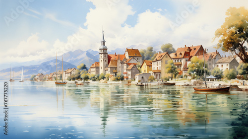 Watercolor painting of a coastal village with a sailboat anchored in the calm bay, flanked by the warm colors of autumn trees and historic architecture. photo