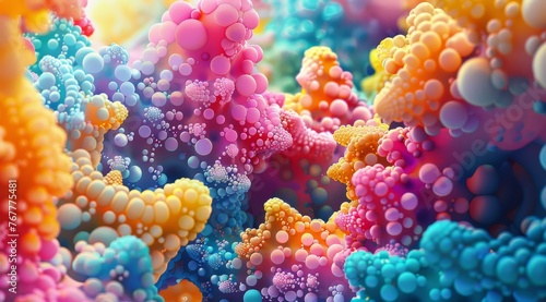 Colorful abstract spherical forms in 3D render. An explosion of color fills this image, featuring abstract spherical forms created through 3D rendering that simulates a playful, textured environment
