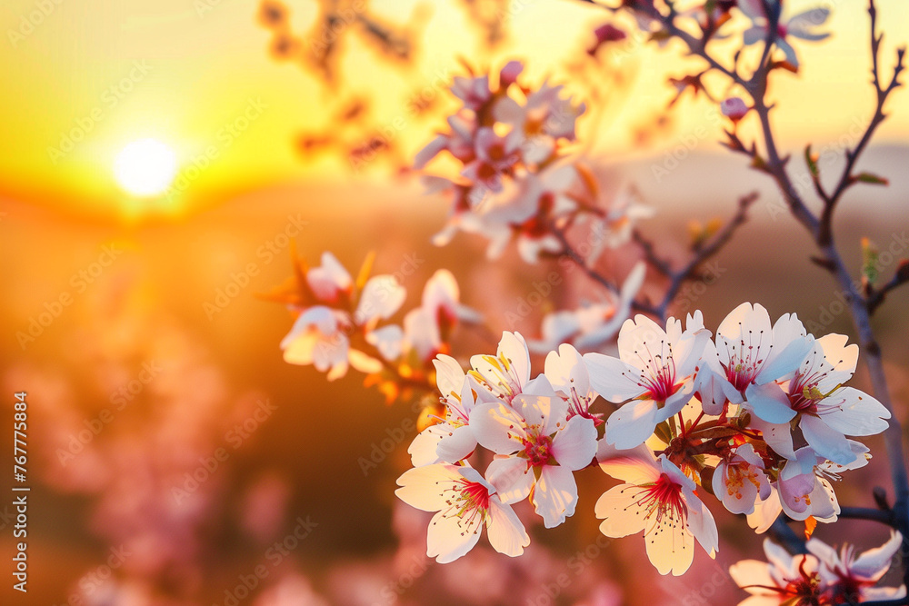 blossom of sakura in spring at sunset