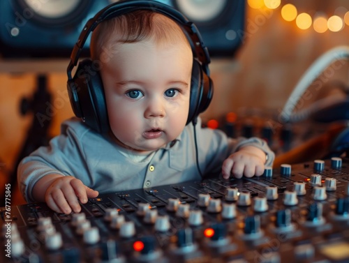 Infant exploring DJ sound mixer controls. An infant wearing headphones is intently engaged with a DJ sound mixer amidst studio equipment