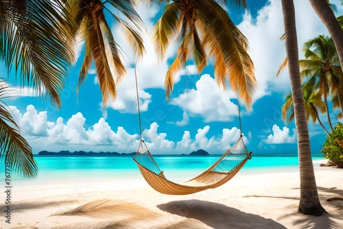 Tropical beach background as summer relax landscape with beach swing or hammock and white sand and calm sea for beach template. 