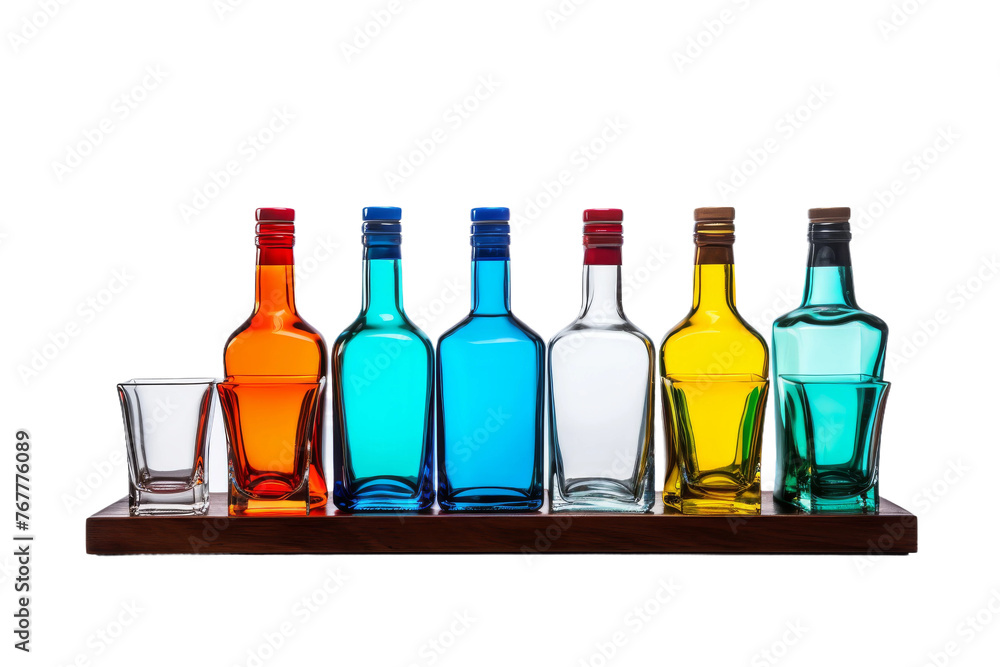 Colorful Spectrum: Unique Bottles on Wooden Shelf. On a White or Clear Surface PNG Transparent Background. Colorful Spectrum: Unique Bottles on Wooden Shelf. On a White or Clear Surface PNG Transparent Background.