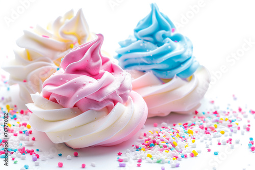 multi-colored meringue with cream on a white background