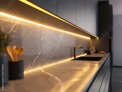 Close-up 8K image of a modern minimalist kitchen interior highlighting the sleek surfaces and ambient lighting