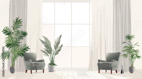 Modern empty room with curtains and plants in pots 