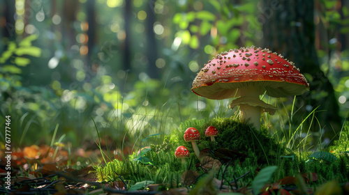 A toxic red mushroom stands in the forest beside a smaller offspring.