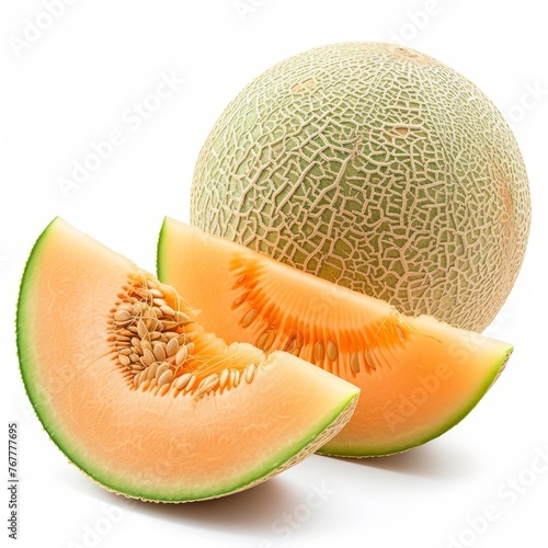 Ripe cantaloupe melon cut into slices, displaying juicy interior, isolated on white background.