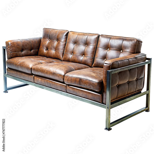 Furniture of sofa in brown leather  with natural wood legs.