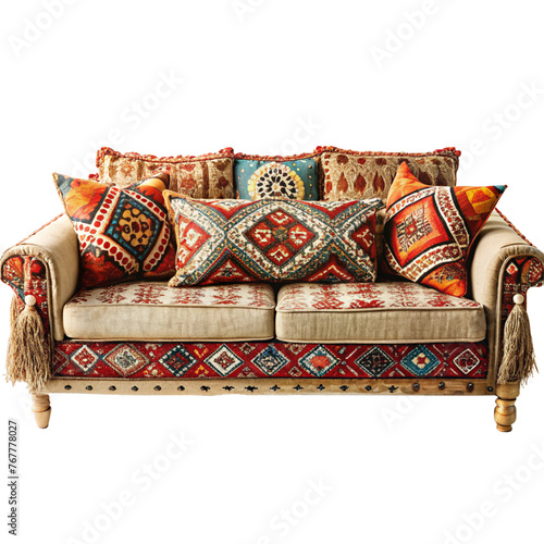 Bohemian Furniture of sofa in gray with cushions and natural wood legs.
