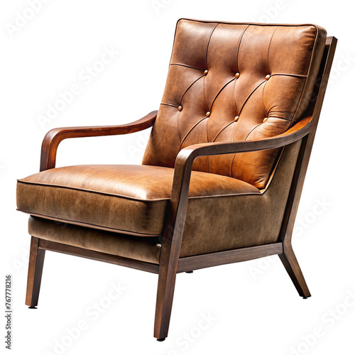 Brown leather luxury armchair isolated on transparent background. Png furniture elements for interior design.