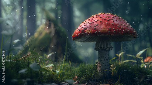 A toxic red mushroom in the forest beside a small mushroom offspring.