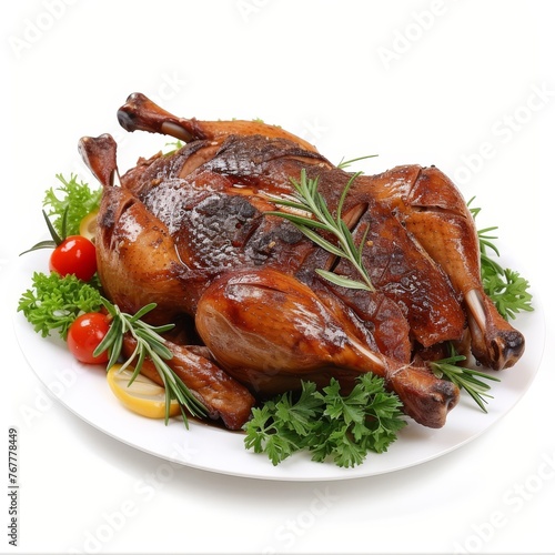 Roasted whole goose garnished with fresh herbs, lemon, and tomatoes on a white plate.