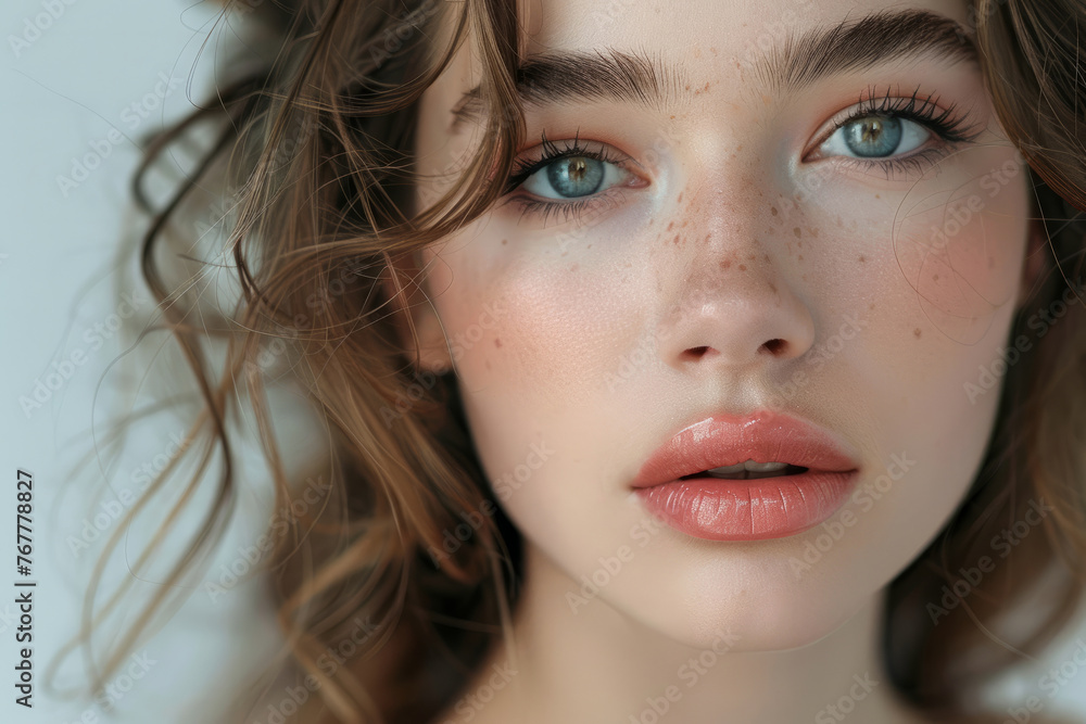 A woman with blue eyes and brown hair is wearing makeup. She has a pink lip color and her hair is styled in a way that it is slightly messy. young woman with makeup A woman with blue eyes and brown hair is wearing makeup. She has a pink lip color and her hair is styled in a way that it is slightly messy. young woman with makeup