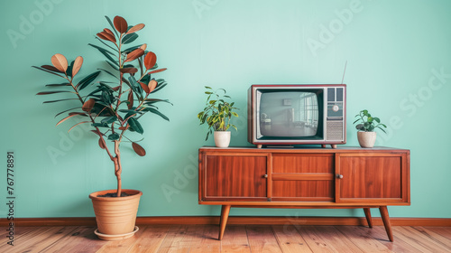 Vintage TV set on a wooden cabinet against a pastel retro green wall background, decorative house plants around.