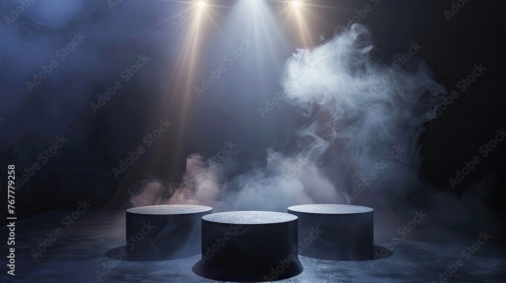 display product podium in dark room, with the lights shine on top and smoke  