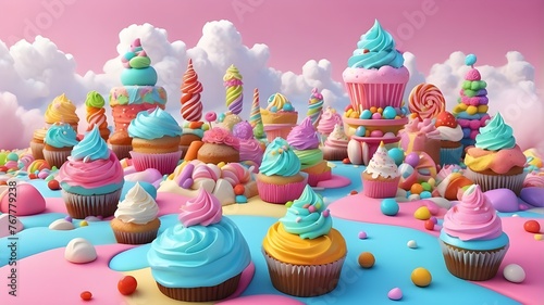 Imaginary, colorful Candyland background with cupcakes, candies, ice cream, and clouds in 3D rendered. © UZAIR