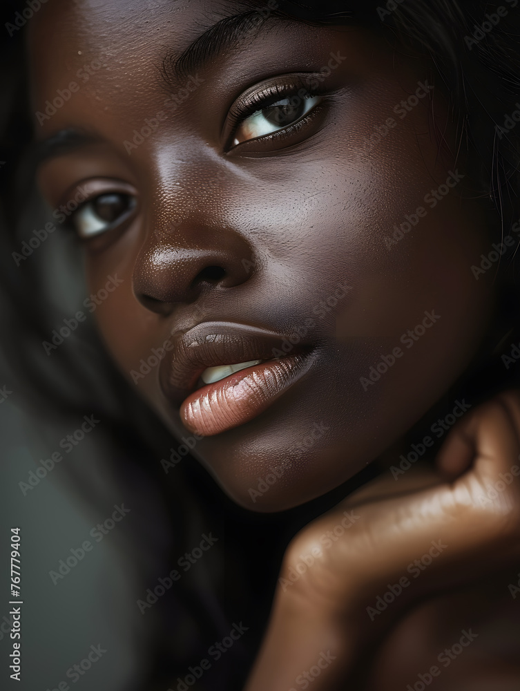 Closeup black skin African American woman portrait