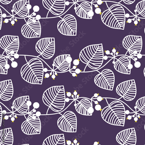 seamless leaves white line art pattern with buds on purple background.