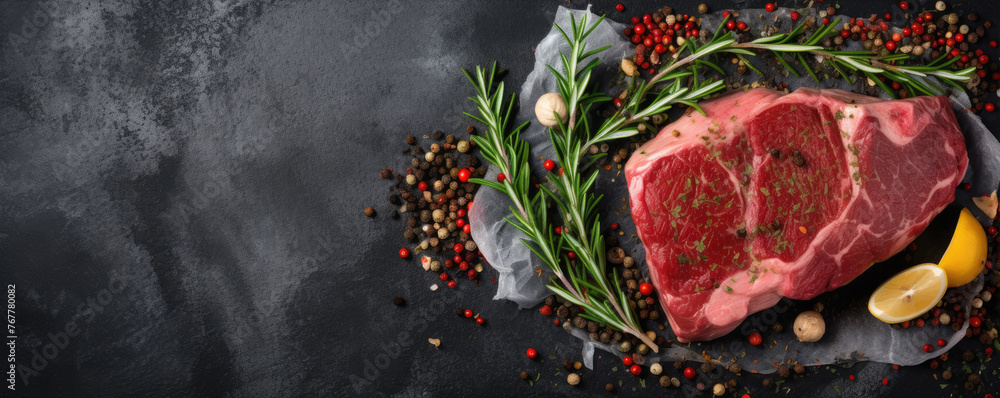 Raw piece of beef meat. Fresh meat on dark slate or black board top view. Raw piece of beef meat. Fresh meat on dark slate or black board top view.