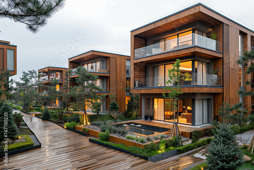 Modern wooden buildings in a row with a small pond in front