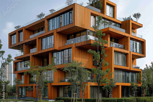 A wooden modern high-rise building with many windows and balconies © alenagurenchuk